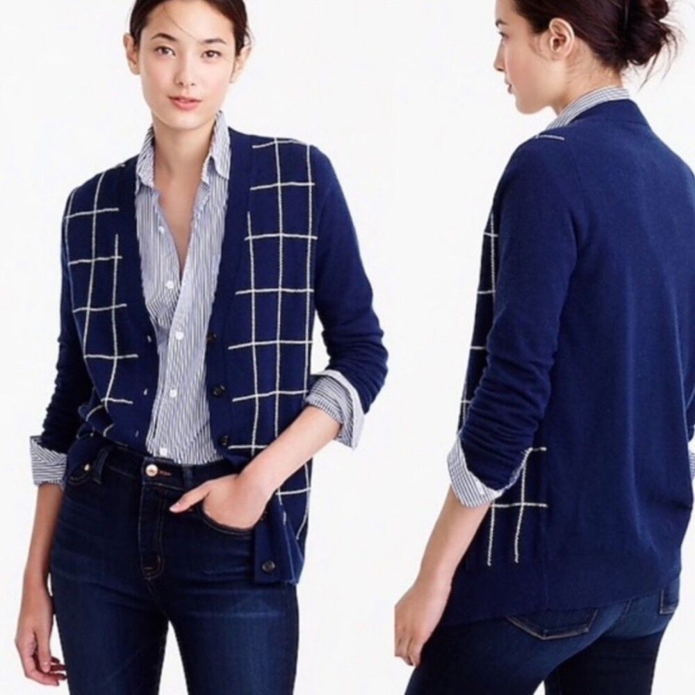 J.Crew Wool Cashmere Windowpane Plaid Cardigan Sweater Navy Blue XS EUC - Picture 2 of 12